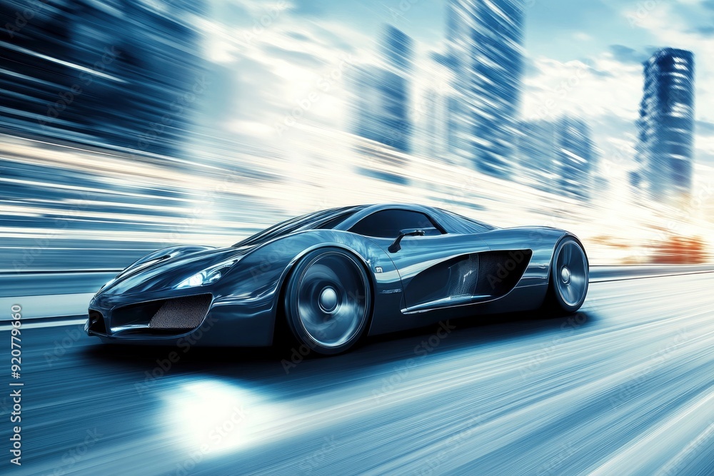 Dynamic running car on road, city background with generative ai Dynamic running car on road, city background with generative ai