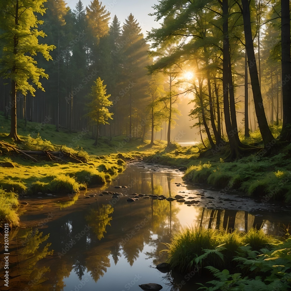Obraz premium sunlit forest stream with golden light