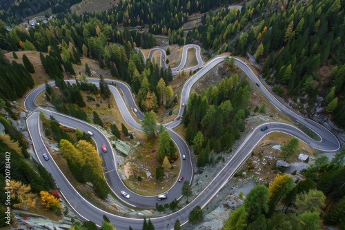 Aerial view of a curved road in the Carpathian Mountains, near of the Petrosani city - Romania.. Beautiful simple AI generated image in 4K, unique. photo