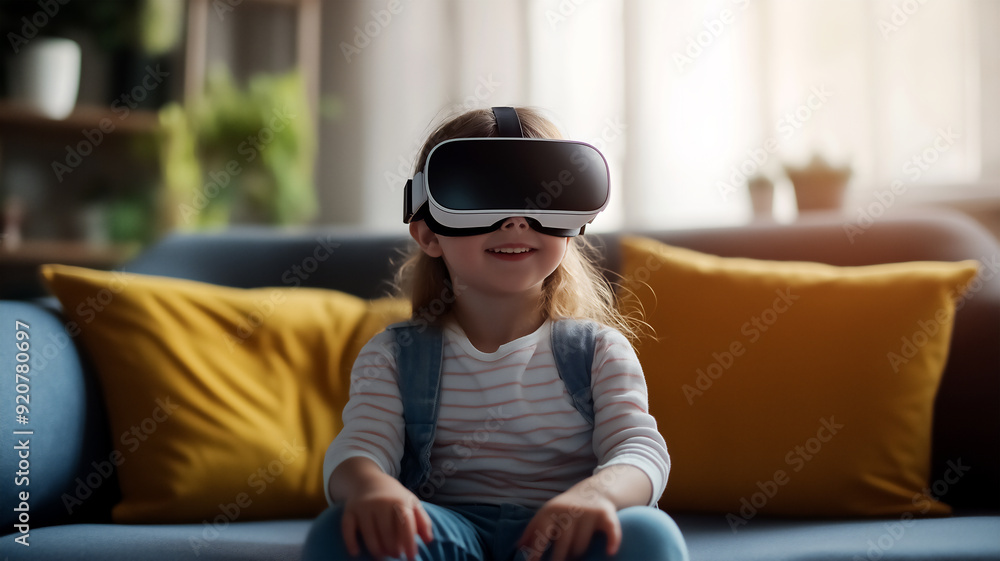 Young girl sitting on the couch wearing VR glasses, watching an interactive video game in virtual reality. She is smiling and having fun while exploring different worlds through her headset. Young girl sitting on the couch wearing VR glasses, watching an interactive video game in virtual reality. She is smiling and having fun while exploring different worlds through her headset.