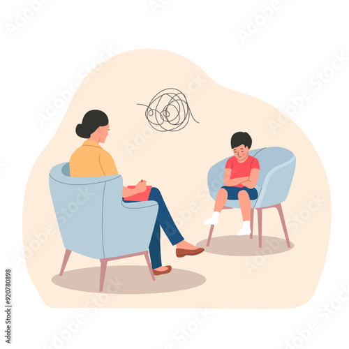 Child psychiatrist work with small boy on the chairs. Psychological consultation. Vector flat style illustration