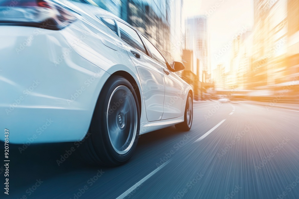 Dynamic running car on road, city background with generative ai Dynamic running car on road, city background with generative ai