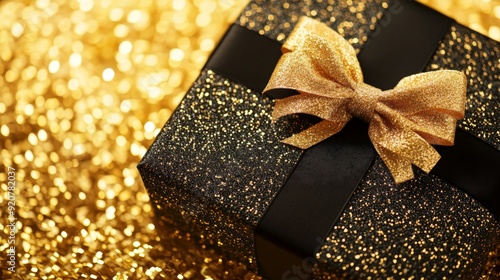 A gift box wrapped with a bow gold background