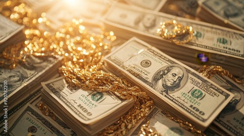 Gold jewelry draped over stacks of hundred dollars