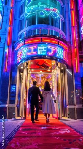 A couple walks hand in hand towards a brightly lit entrance decorated with neon lights