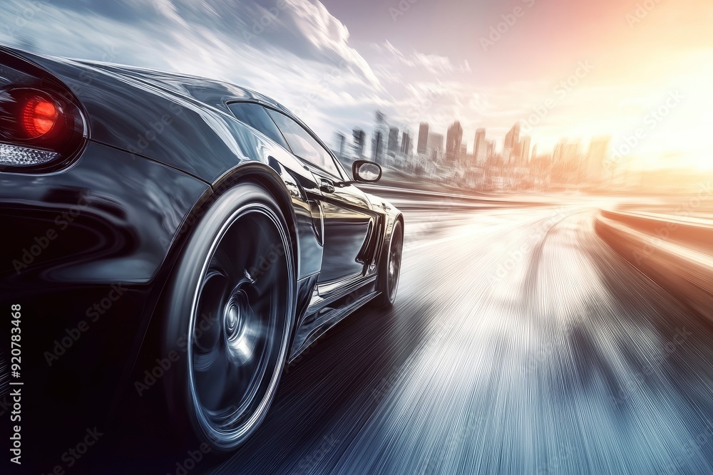 Dynamic running car on road, city background with generative ai Dynamic running car on road, city background with generative ai