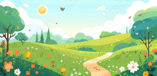 flat vector illustration of spring landscape with green hills, trees and flowers, butterfly on the road, simple flat design cartoon style photo