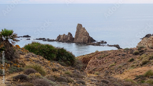 Beautiful winter evening on brown rocks coast of Cabo de Gata-Níjar Natural Park, December 8, 2022.