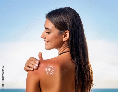 Bella mujer joven, poniéndose protector solar junto a la playa