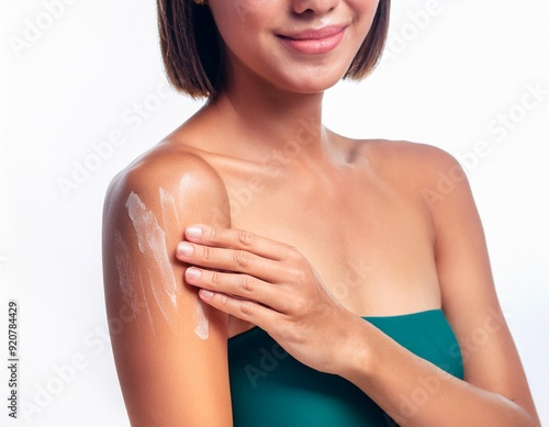 Bella mujer joven, poniéndose protector solar junto a la playa