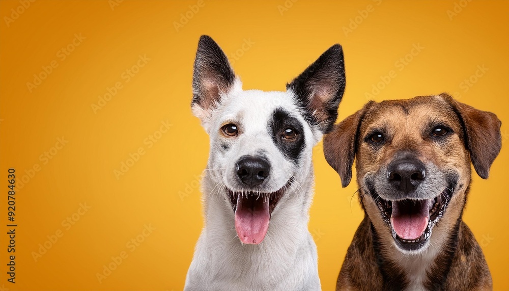 Banner two smiling dogs with happy expression. and closed eyes. Isolated on colored background Banner two smiling dogs with happy expression. and closed eyes. Isolated on colored background