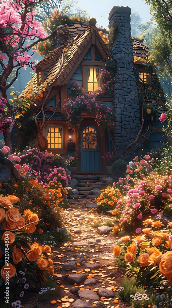 Obraz premium A quaint, fairy-tale cottage surrounded by vibrant, blooming flowers under the golden sunlight perfect for themes of fantasy, nature, and tranquility,