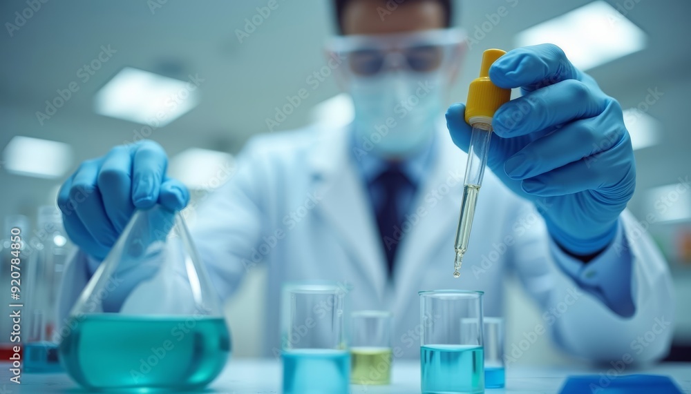 Precision in the lab A scientist carefully dispenses a drop of liquid Precision in the lab A scientist carefully dispenses a drop of liquid