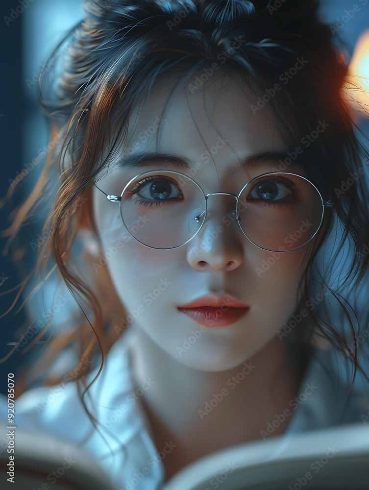 A young woman with glasses reads a book, lit by a soft, warm light, creating an intimate and focused atmosphere suitable for educational, literary, and inspirational themes, A young woman with glasses reads a book, lit by a soft, warm light, creating an intimate and focused atmosphere suitable for educational, literary, and inspirational themes,