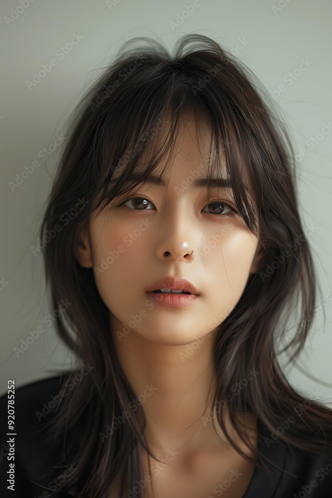 A close-up portrait of a young woman with long, dark hair and a calm expression, ideal for beauty, fashion, or lifestyle projects, conveying serenity and grace, A close-up portrait of a young woman with long, dark hair and a calm expression, ideal for beauty, fashion, or lifestyle projects, conveying serenity and grace,