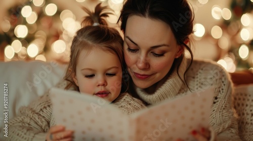 Mother and young daughter cuddled up and reading bedtime stories together in a warm softly lit bedroom Intimate heartwarming family moment of love comfort and time