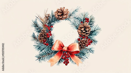 Watercolor Christmas wreath with pine cones, berries, and a red bow. photo