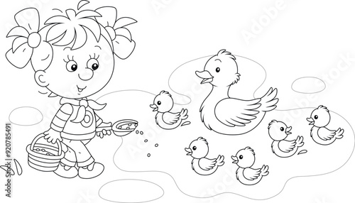 Little girl farmer standing with a bucket of feed grain and feeding a merry brood of small ducklings and a cute duck swimming in a pond in a village, black and white vector cartoon illustration