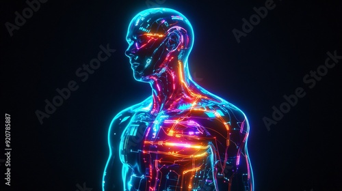 A visually compelling image of a human-robot hybrid, where half of the body retains organic human features while the other half is transformed into a sleek, tech-enhanced robotic structure. The