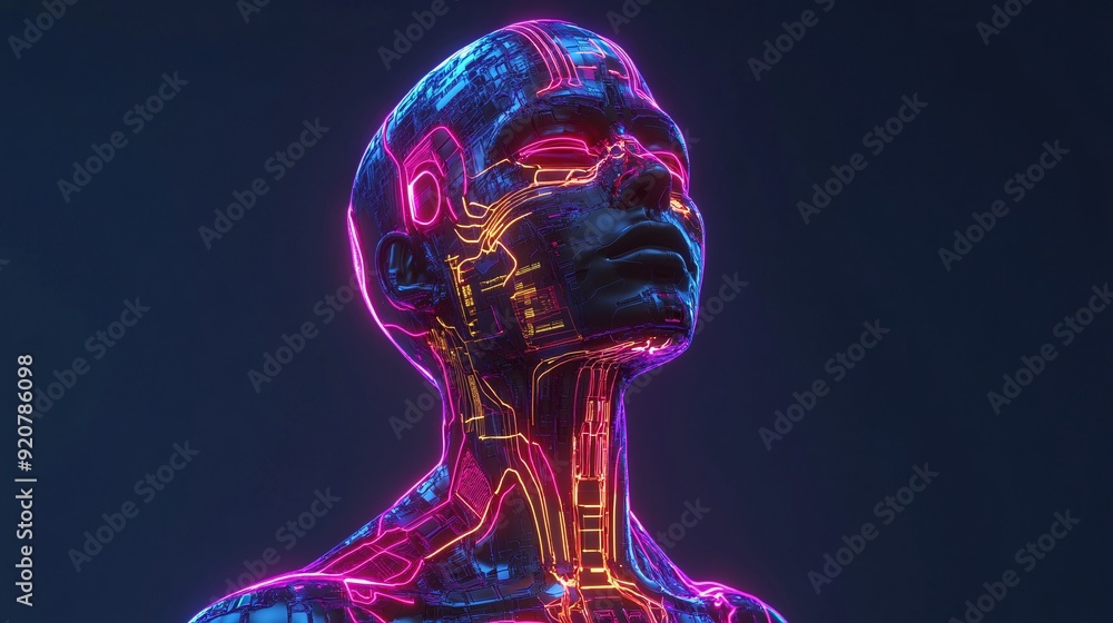 A futuristic depiction of a half-human, half-robot figure, where glowing circuitry and digital lines define the cybernetic fusion between organic and mechanical elements. The human-robot hybrid A futuristic depiction of a half-human, half-robot figure, where glowing circuitry and digital lines define the cybernetic fusion between organic and mechanical elements. The human-robot hybrid