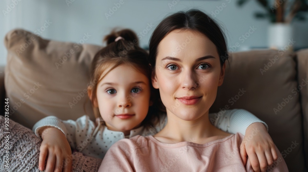 A warm and affectionate moment captured as a mother and her young daughter share a cozy movie night snuggled up together on the comfortable couch in their living room at home A warm and affectionate moment captured as a mother and her young daughter share a cozy movie night snuggled up together on the comfortable couch in their living room at home