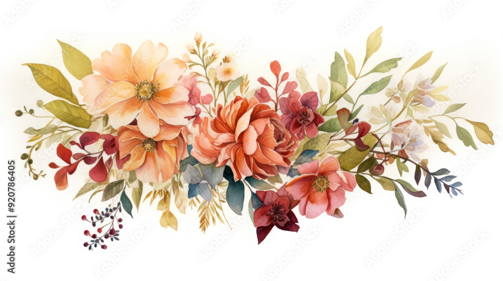 Arrangement of illustrated botanical elements. White background. Aesthetically balanced composition. Arrangement of illustrated botanical elements. White background. Aesthetically balanced composition.