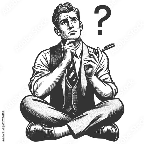 man deep in thought, symbolizing confusion or contemplation dilemma sketch engraving generative ai fictional character vector illustration. Scratch board imitation. Black and white image.