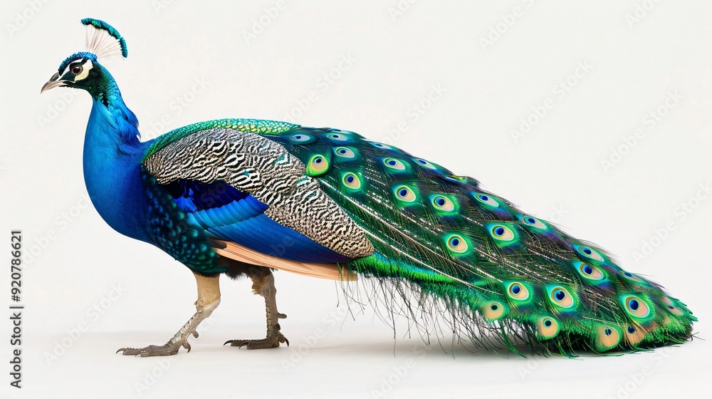 Obraz premium Peacock with Spread Tail Feathers on White Background