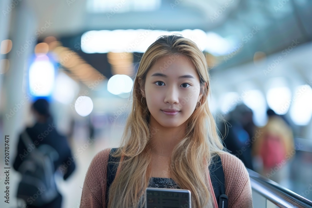 A young woman stands with a focused expression, holding a smartphone. Behind her, a busy, modern environment signifies a bustling lifestyle, highlighting connectivity and technology. A young woman stands with a focused expression, holding a smartphone. Behind her, a busy, modern environment signifies a bustling lifestyle, highlighting connectivity and technology.