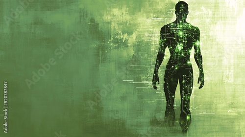 A detailed image of a cyborg human, highlighting the digital circuitry that runs through the body, glowing with advanced tech lines that enhance the figure's design. The half-machine, half-human
