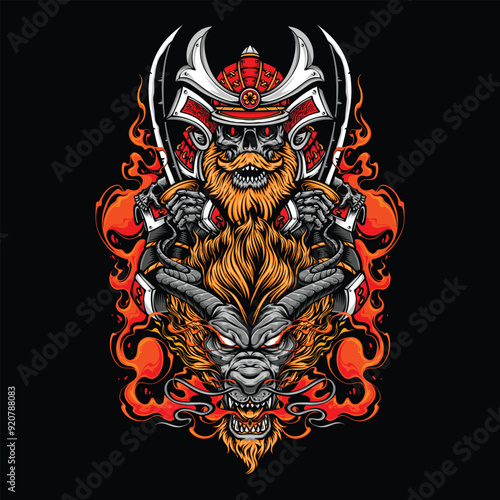 skull samurai with dragon head illustration