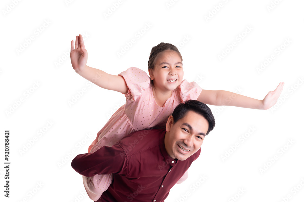 Playful moment between asian father and his adorable daughter as she rides on his back with outstretched arms, symbolizing fun, joy, and a strong father-daughter bond Playful moment between asian father and his adorable daughter as she rides on his back with outstretched arms, symbolizing fun, joy, and a strong father-daughter bond