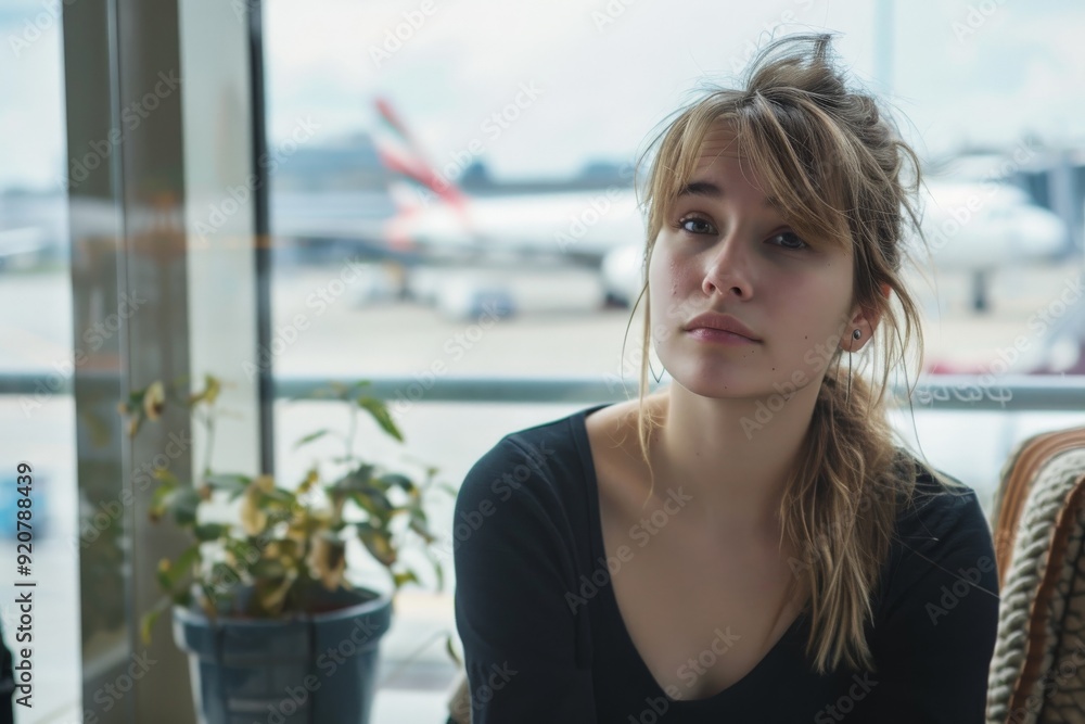 A young woman with blonde hair tied back in a ponytail is sitting indoors at an airport. She looks slightly apprehensive, possibly thinking about the journey ahead.