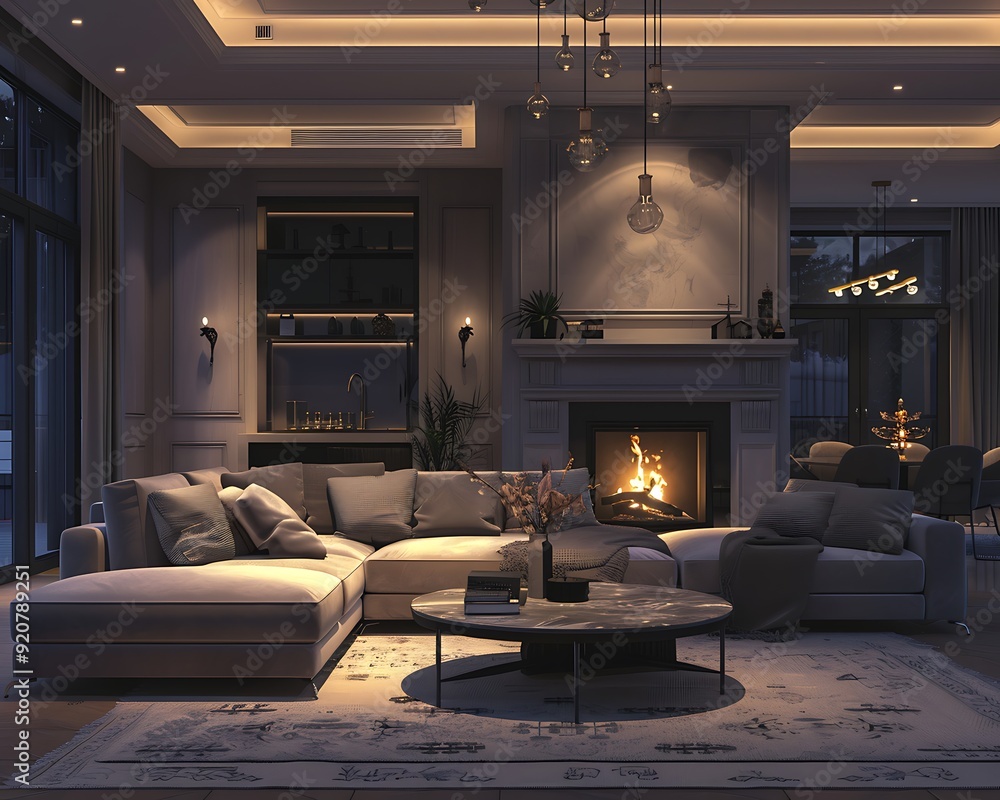 A stylish living room with a statement fireplace a plush sectional sofa and a coffee table with decorative accents The room is illuminated by a modern chandelier A stylish living room with a statement fireplace a plush sectional sofa and a coffee table with decorative accents The room is illuminated by a modern chandelier