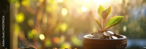 A green plant flourishing in a pot filled with coins, illuminated by the sunlight, symbolizing economic growth and environmental care. photo