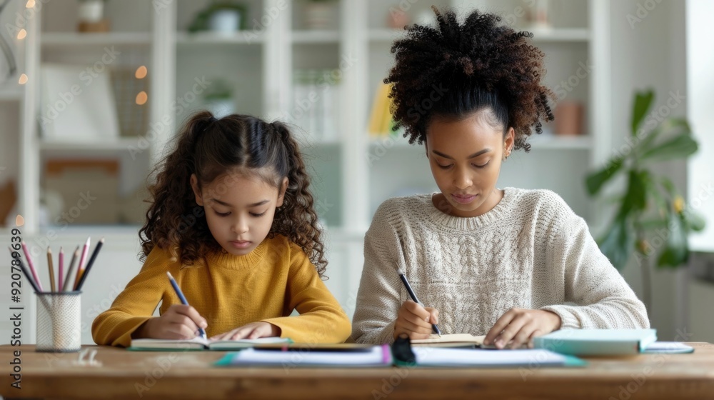 Mother and Daughter Writing in Journals Together at Cozy Desk in Comfortable Home Office Space Family Bonding and Nurturing through Educational Activity Mother and Daughter Writing in Journals Together at Cozy Desk in Comfortable Home Office Space Family Bonding and Nurturing through Educational Activity