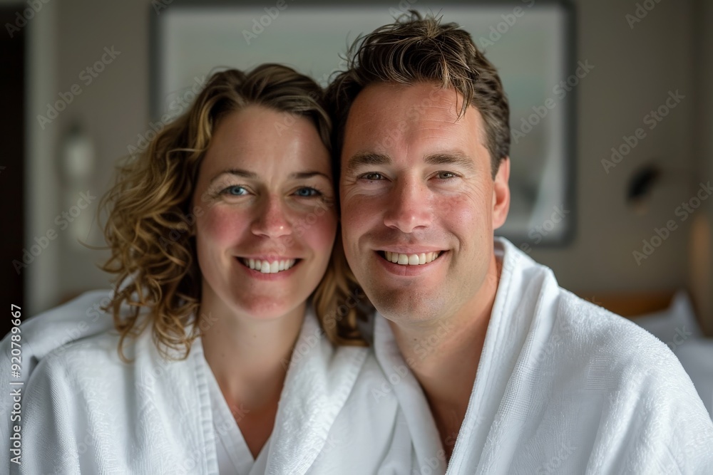A cheerful young couple stands close together in white robes, smiling brightly in a cozy, indoor setting, exuding warmth, relaxation, and genuine happiness. A cheerful young couple stands close together in white robes, smiling brightly in a cozy, indoor setting, exuding warmth, relaxation, and genuine happiness.