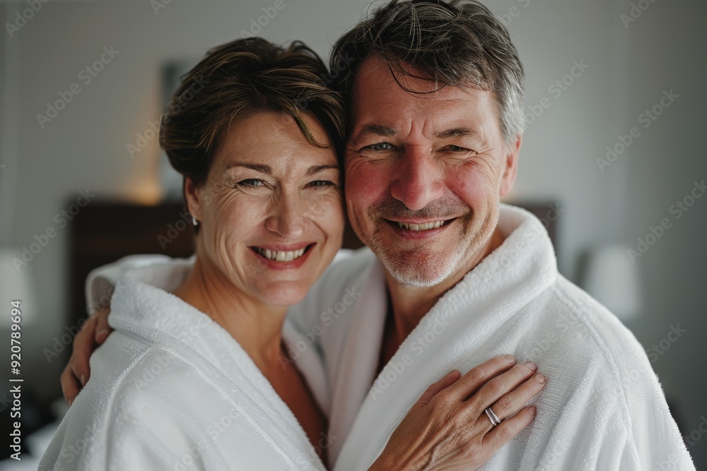 A cheerful middle-aged couple dressed in white robes, grinning broadly and demonstrating a close, affectionate bond within a warmly lit, serene indoor atmosphere. A cheerful middle-aged couple dressed in white robes, grinning broadly and demonstrating a close, affectionate bond within a warmly lit, serene indoor atmosphere.