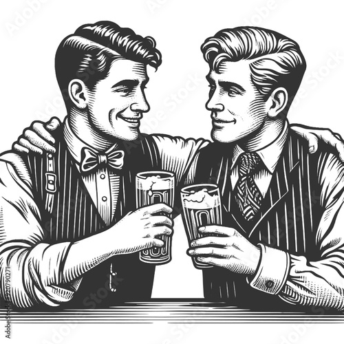 two men friends raising beer mugs in a toast, camaraderie and friendship sketch engraving generative ai fictional character vector illustration. Scratch board imitation. Black and white image.