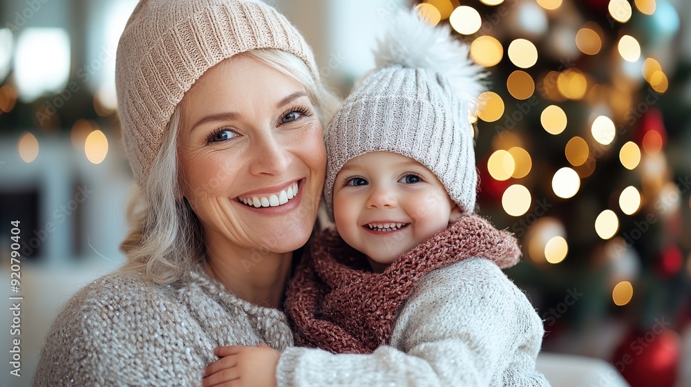 A happy moment with a smiling grandmother and grandchild wearing warm winter hats and clothing, standing together in front of a Christmas tree adorned with festive lights. A happy moment with a smiling grandmother and grandchild wearing warm winter hats and clothing, standing together in front of a Christmas tree adorned with festive lights.