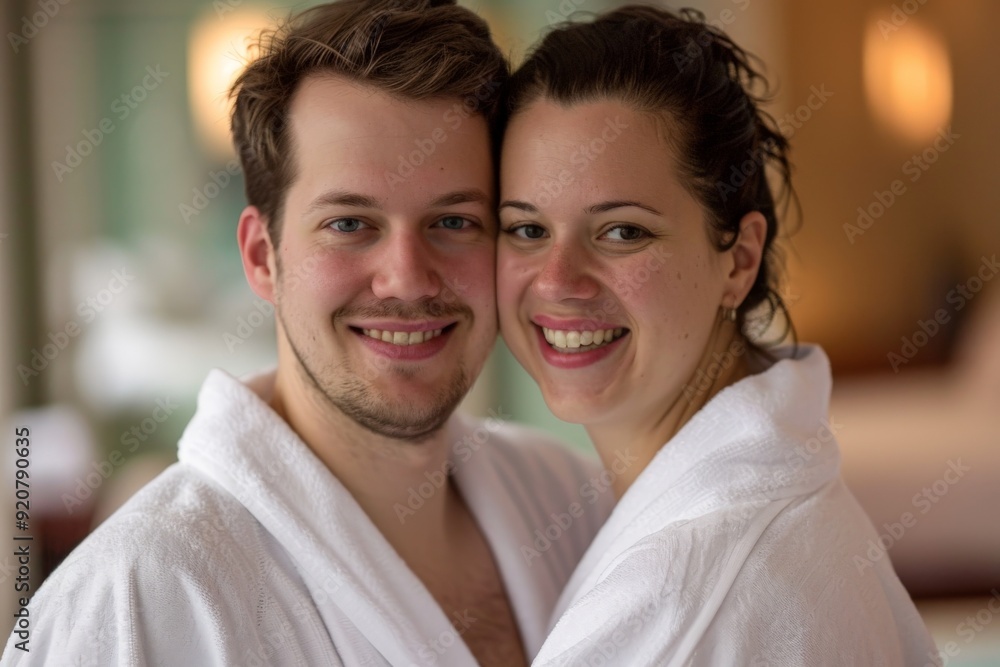A content couple dressed in white bathrobes are smiling warmly while embracing each other, capturing a serene and joyful moment in a softly lit indoor setting. A content couple dressed in white bathrobes are smiling warmly while embracing each other, capturing a serene and joyful moment in a softly lit indoor setting.