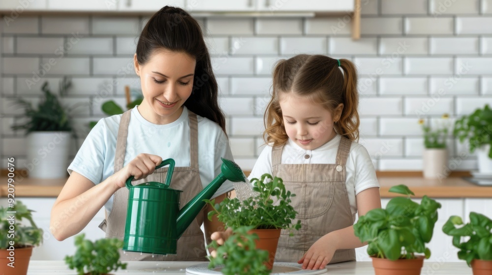 A warm tender moment captured as a mother and her young daughter tend to a variety of potted plants and greenery inside their cozy home using watering cans to nourish the thriving vegetation A warm tender moment captured as a mother and her young daughter tend to a variety of potted plants and greenery inside their cozy home using watering cans to nourish the thriving vegetation