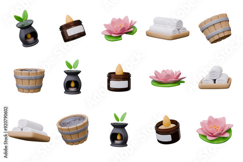 Collection of spa elements in 3D style. Isolated templates in different positions