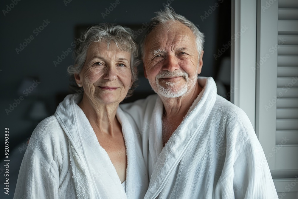 A senior couple is smiling together while at home, both dressed in white robes. The image evokes feelings of comfort and warmth in a tranquil home environment. A senior couple is smiling together while at home, both dressed in white robes. The image evokes feelings of comfort and warmth in a tranquil home environment.