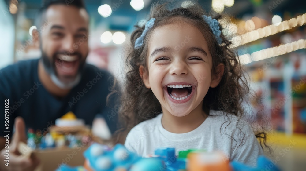 A father and daughter laugh heartily while surrounded by colorful toys, capturing a moment of pure joy and playful interaction in a bright and cheerful environment. A father and daughter laugh heartily while surrounded by colorful toys, capturing a moment of pure joy and playful interaction in a bright and cheerful environment.