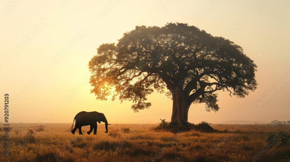 Fototapeta premium elephant silhouette and big tree in field 