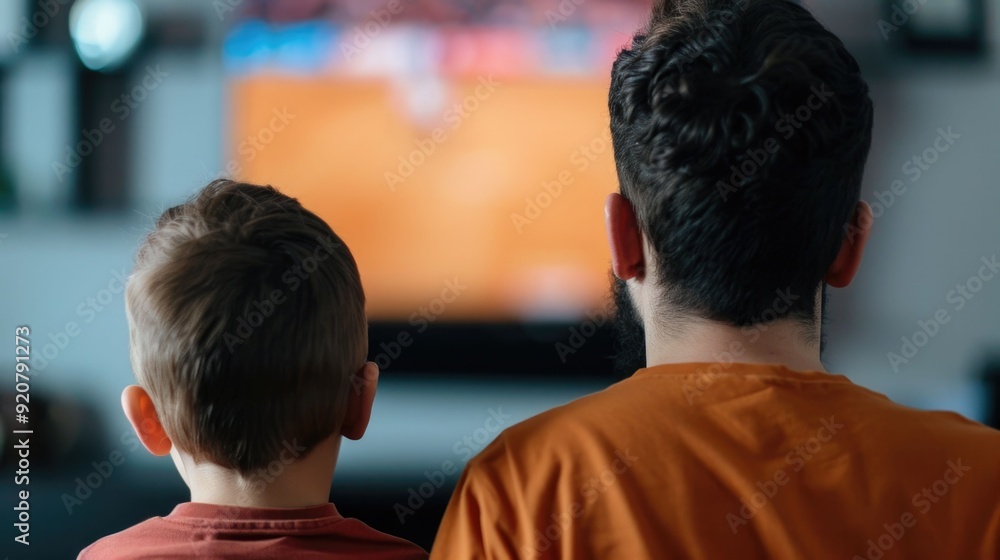 A father and son sharing a moment of time together watching a sports game on a large screen in the comfort of their living room A father and son sharing a moment of time together watching a sports game on a large screen in the comfort of their living room