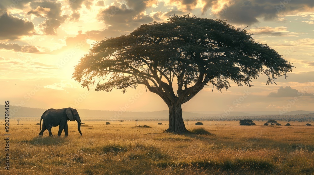 Fototapeta premium elephant silhouette and big tree in field 