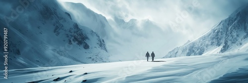 An expansive winter scene featuring two figures crossing a vast snowfield surrounded by snow-laden mountains under a cloudy sky.
