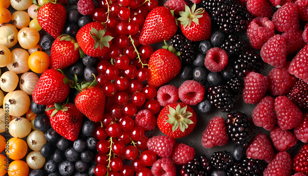 Different ripe fruits and berries as background, top view Different ripe fruits and berries as background, top view
